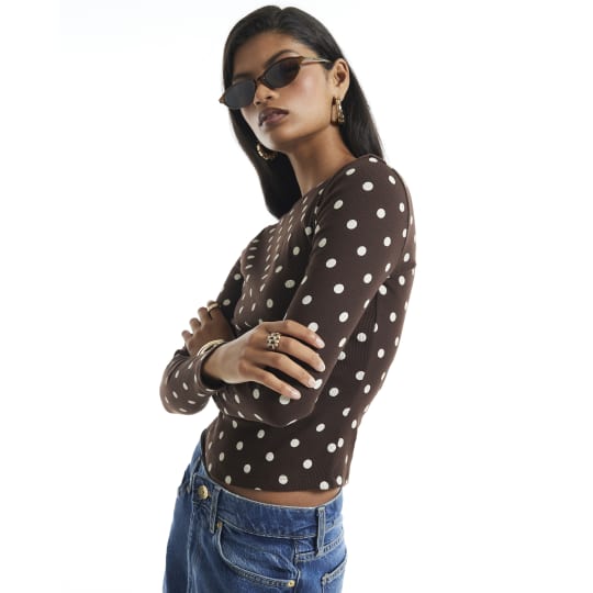 River Island Brown Crew Neck Polka Dot Top