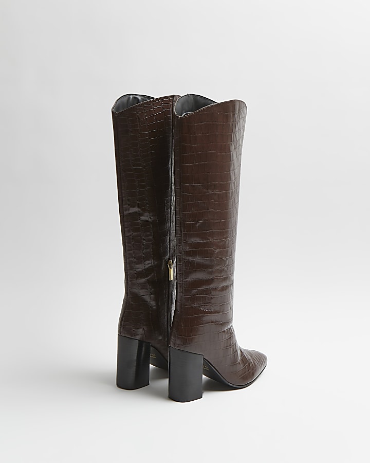 Brown croc embossed knee high heeled boots