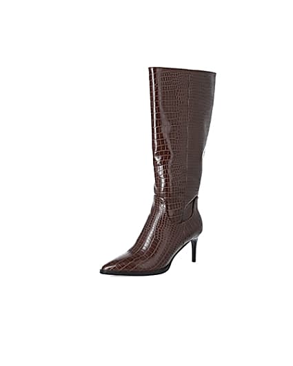 360 degree animation of product Brown croc embossed knee high pointed boots frame-1