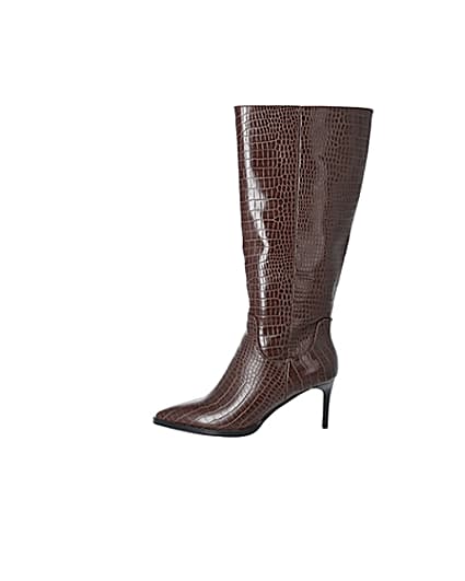 360 degree animation of product Brown croc embossed knee high pointed boots frame-3
