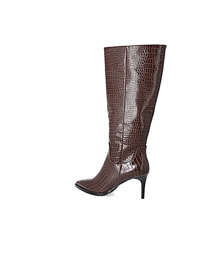 360 degree animation of product Brown croc embossed knee high pointed boots frame-5