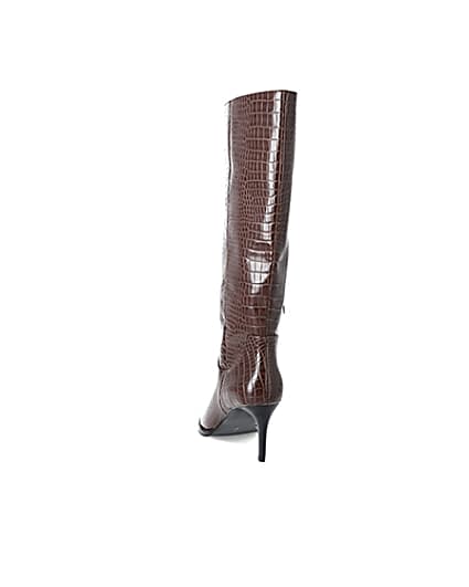 360 degree animation of product Brown croc embossed knee high pointed boots frame-8