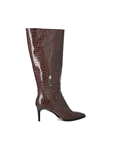 360 degree animation of product Brown croc embossed knee high pointed boots frame-14