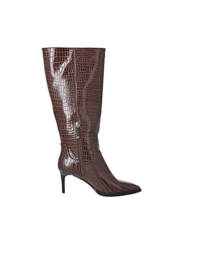 360 degree animation of product Brown croc embossed knee high pointed boots frame-15