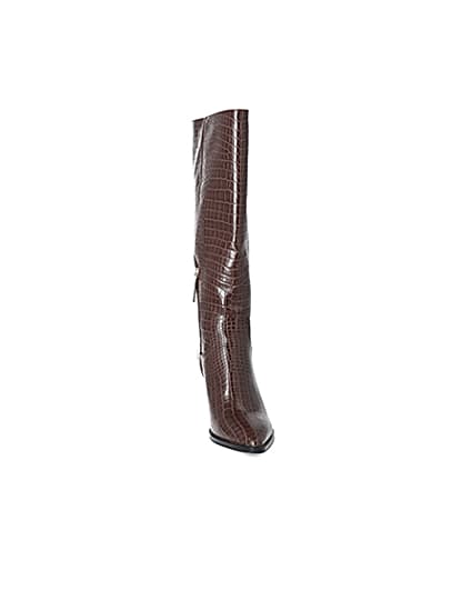 360 degree animation of product Brown croc embossed knee high pointed boots frame-20