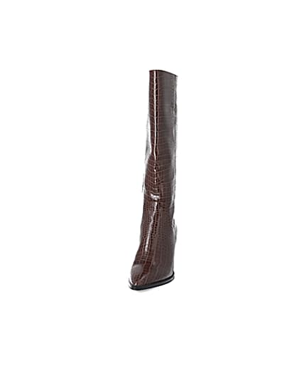 360 degree animation of product Brown croc embossed knee high pointed boots frame-22