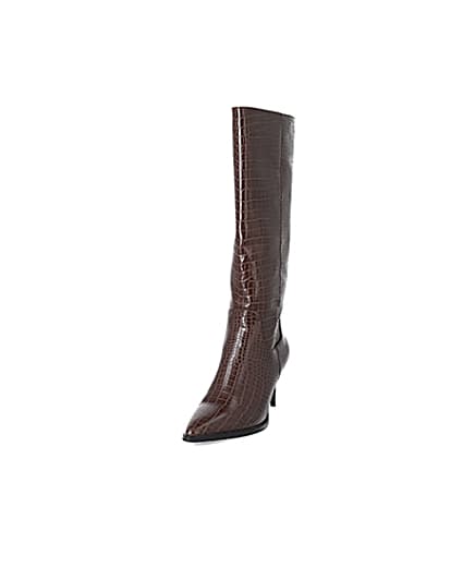 360 degree animation of product Brown croc embossed knee high pointed boots frame-23