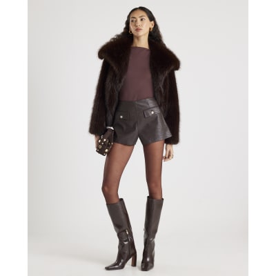 Brown Croc Print Pocket Detail Hotpant Shorts