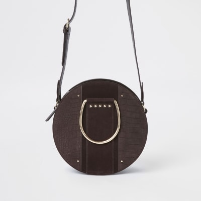Brown croc ring handle circle cross body bag