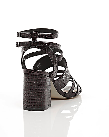 360 degree animation of product Brown croc strappy block heel sandals frame-14