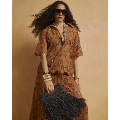 Brown Crochet Polo Top