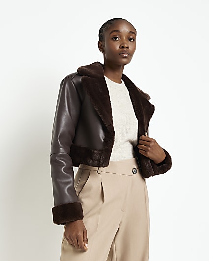 Brown crop faux shearling jacket