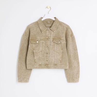 Brown cropped denim jacket River Island