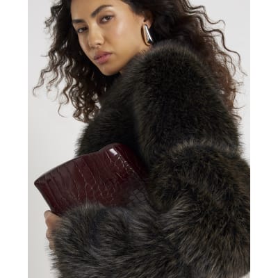 Brown Cropped Faux Fur Jacket