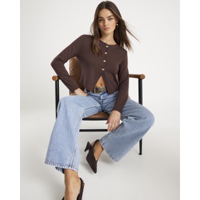 Brown Cropped Heart Cardigan