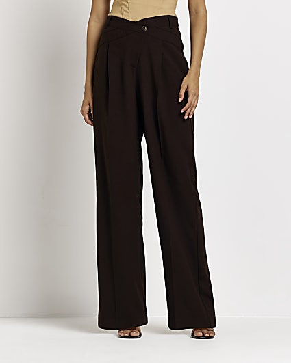 Brown crossed waistband straight trousers