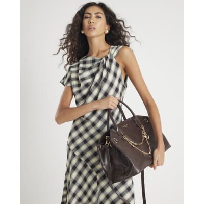Brown Curve Top Charm Tote Bag