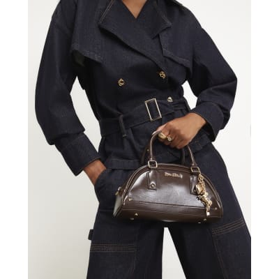 Brown Curved Charm Bowler Bag