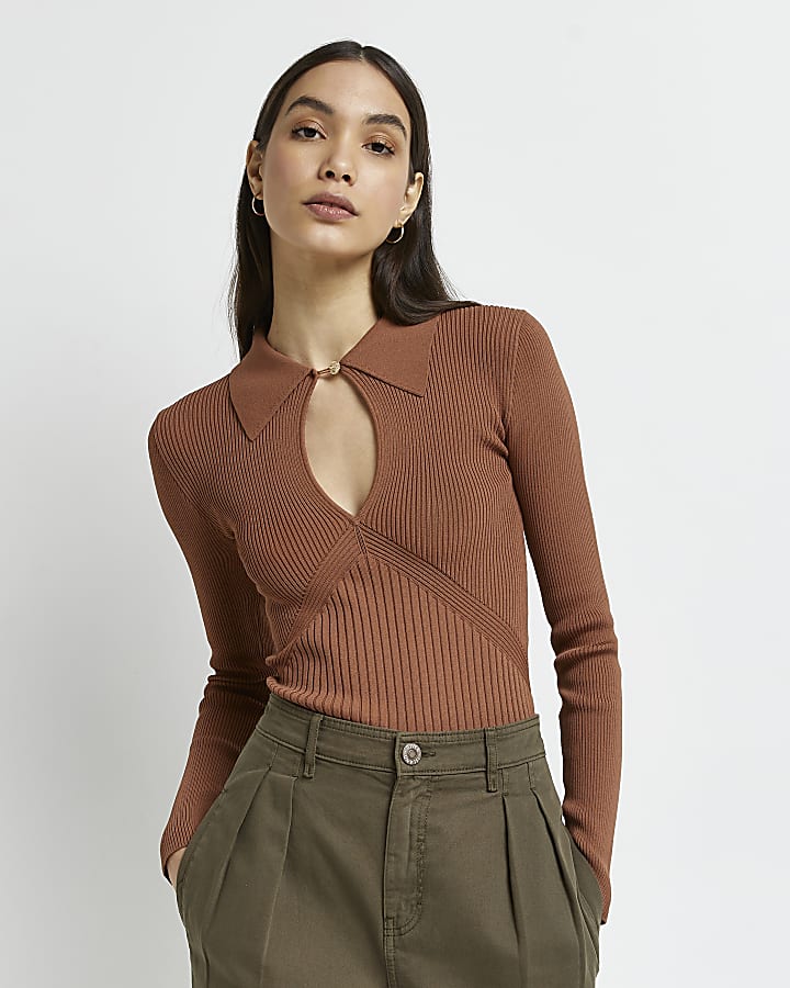 Brown cut out knitted top