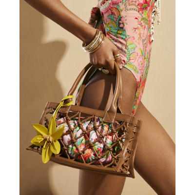  ★ビーチ Del Maar 花 バスケット トートバッグ brown-del-maar-caged-flower-