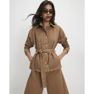 Brown Denim Cropped Trench Jacket