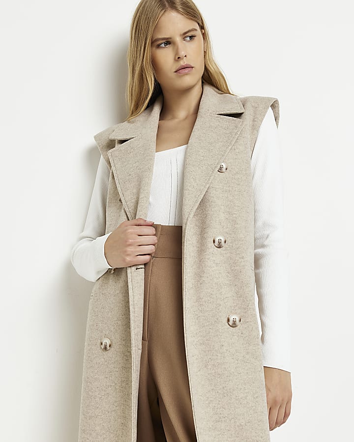 Brown double breasted sleeveless coat