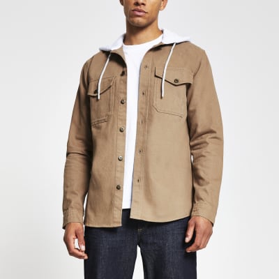 Brown double pocket hooded shacket | River Island