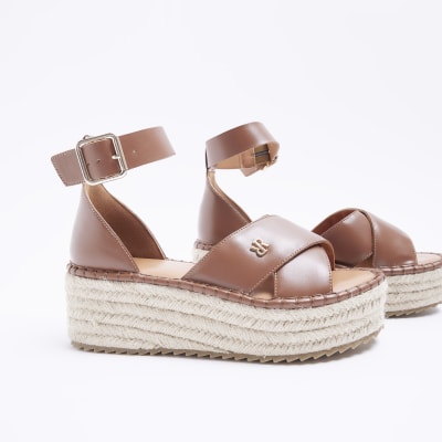 Brown double strap flatform espadrilles