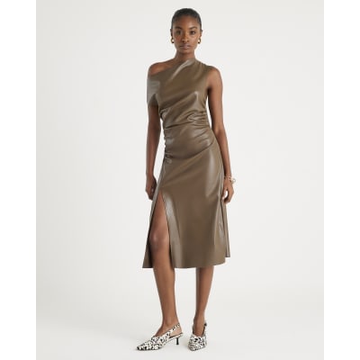 Brown Drape Shoulder Faux Leather Midi Dress