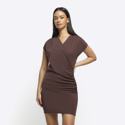 Brown drape wrap bodycon mini dress