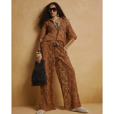 Brown Drawstring Crochet Trousers