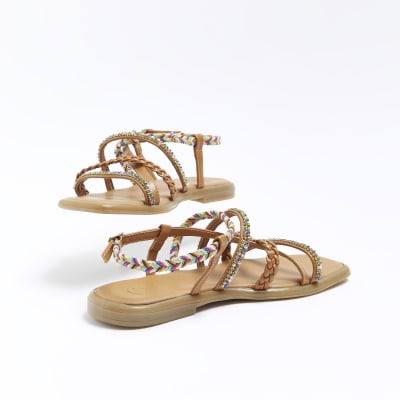 Brown embellished flat sandals River Island