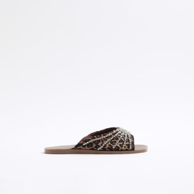 River Island Animal Print Flip Flops Brown Embellished Leopard