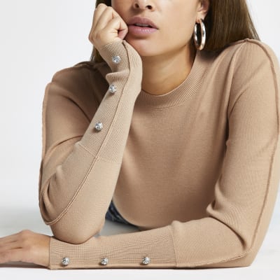 Brown Embellished Long Sleeve Knit Top River Island 