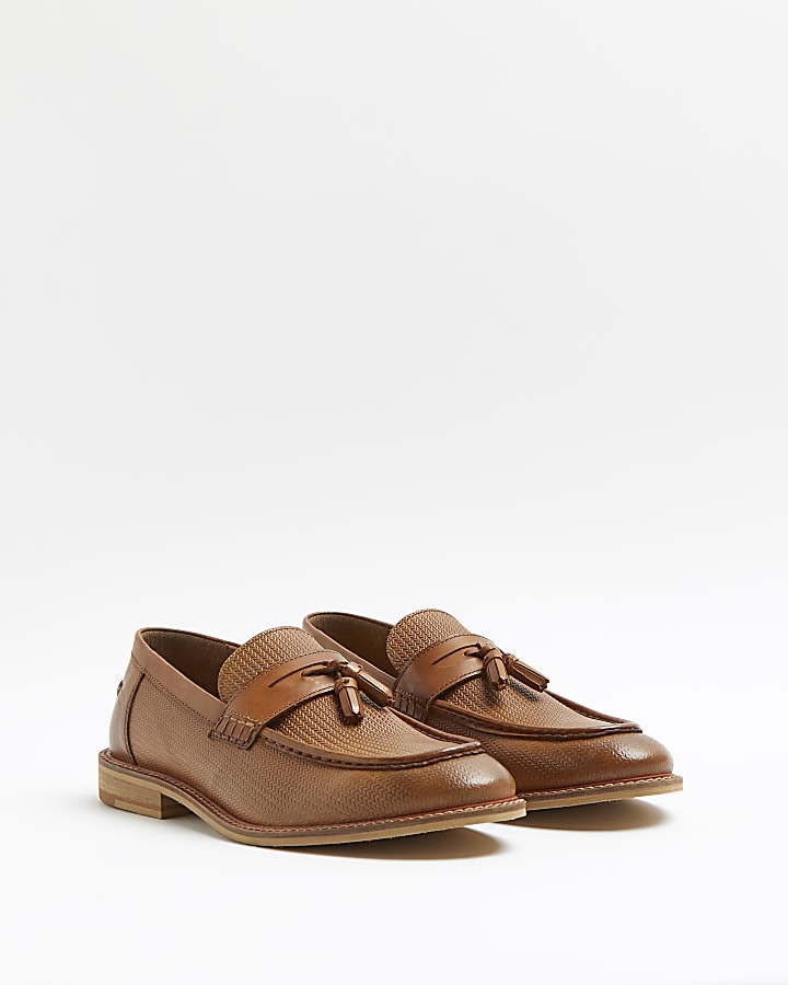Brown embossed Leather tassel loafers