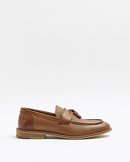 Brown embossed Leather tassel loafers
