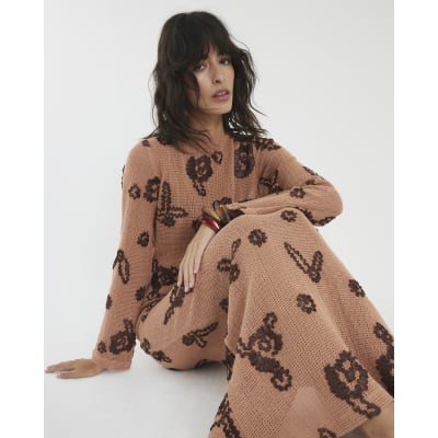 brown-embroidered-crochet-midi