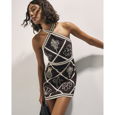 river island embroidered dress Brown Embroidered Halter Neck Mini Dress