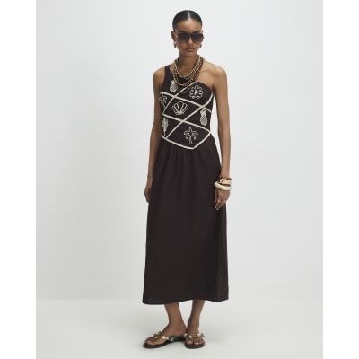 princess polly baby blue dress Maria B Luxury Linen Pakistani Maxi Dress MAR129 - L - Brown main image 1