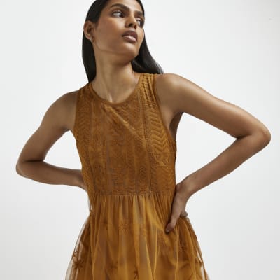 Brown embroidered shift mini dress