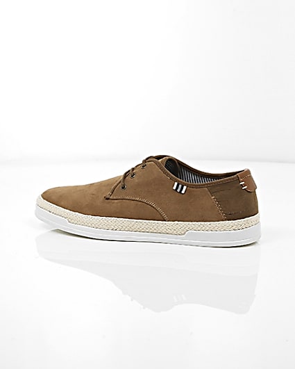 360 degree animation of product Brown espadrille trim lace-up plimsolls frame-20