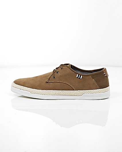 360 degree animation of product Brown espadrille trim lace-up plimsolls frame-21