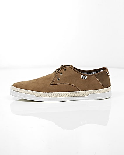 360 degree animation of product Brown espadrille trim lace-up plimsolls frame-22