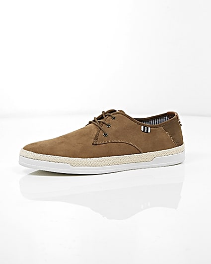 360 degree animation of product Brown espadrille trim lace-up plimsolls frame-23