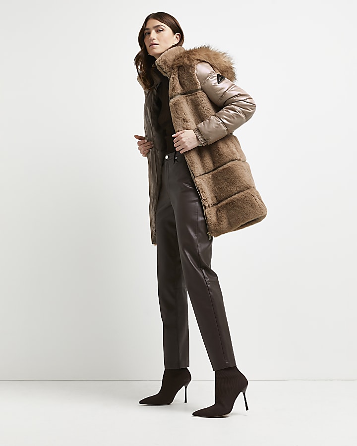 Brown faux fur belted coat