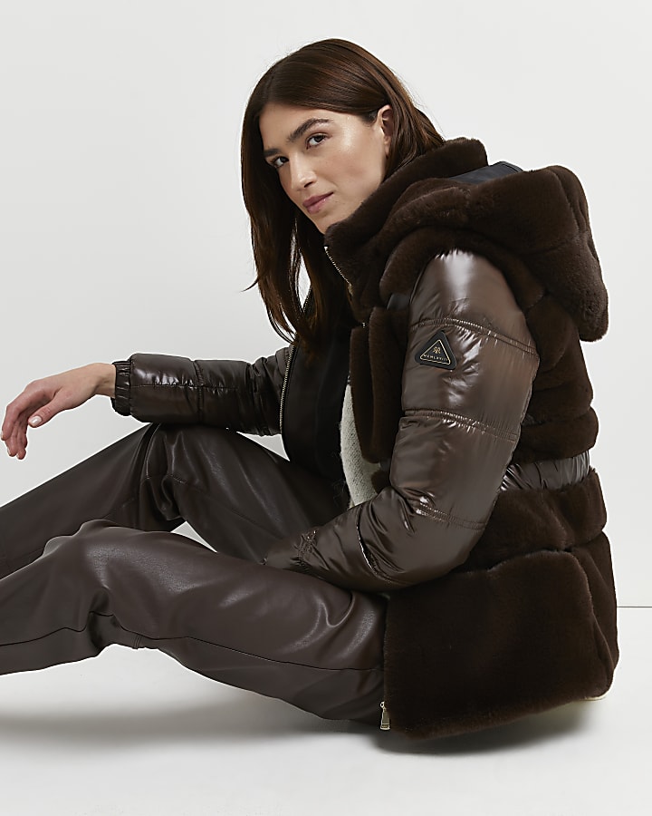 Brown faux fur belted puffer coat