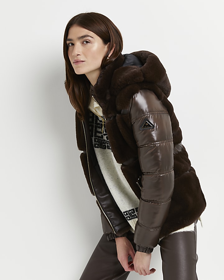 Brown faux fur belted puffer coat