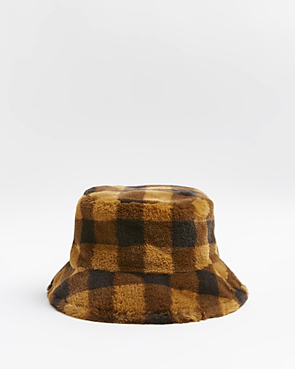 Brown faux fur check bucket hat