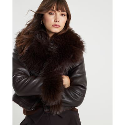 Brown Faux Fur Collar Cropped Biker Jacket