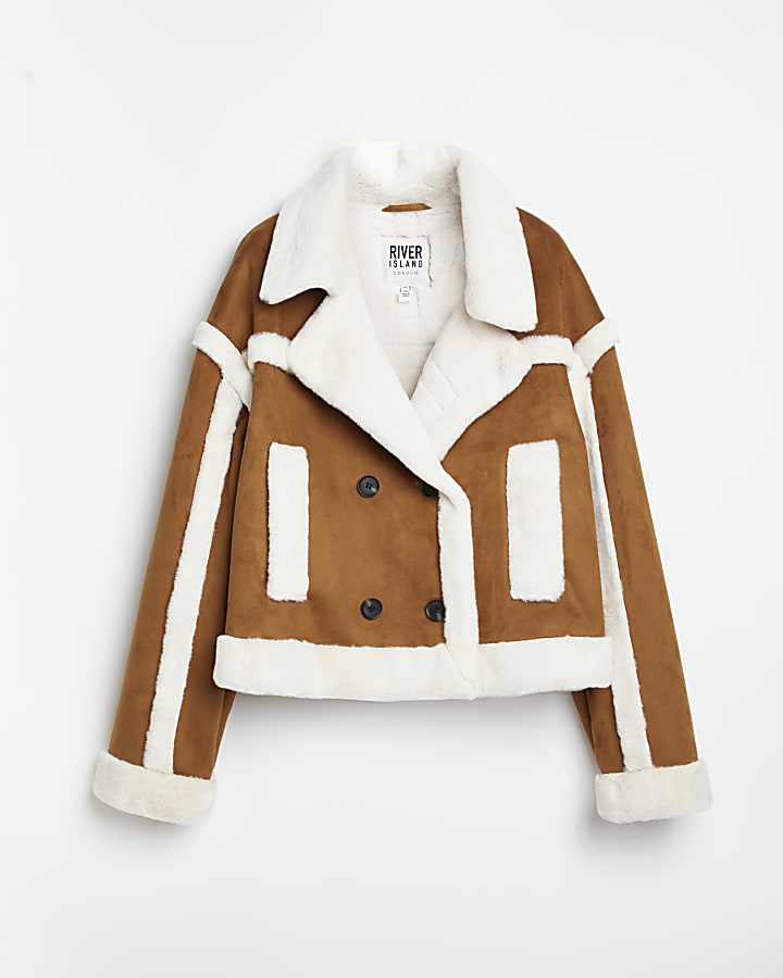 Brown faux fur cropped aviator jacket
